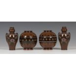 A pair of Watcombe terracotta pottery vases, designed by Christopher Dresser, late 19th century, the