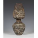 A Waistel Cooper stoneware studio pottery vase of stylized double gourd shape, the ribbed body