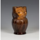 A Farnham pottery owl jug, probably retailed by Liberty, late 19th/early 20th century, the brown