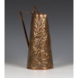 An Arts and Crafts copper tappit-lidded jug, probably Newlyn, the conical body worked with overall