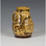 A Mary Wondrausch Wharf Pottery American Independence commemorative jug, the ochre glazed pear