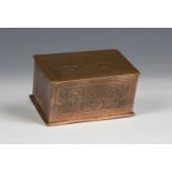 A Keswick School of Industrial Arts copper rectangular box, the hinged lid worked with a pair of