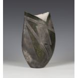 A David Howard Jones studio pottery raku vase, circa 1980, the flattened body with abstract rim,