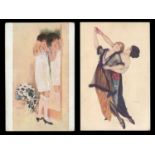 A group of 4 colour printed postcards by Raphael Kirchner titled 'Tango', 'Une grande Dame', 'Le