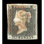 A Great Britain 1840 1d grey black stamp, worn plate 3, large margins, red Maltese cross (AL).