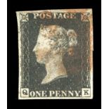 A Great Britain 1840 1d black stamp, plate 4, fine 4 margins, red Maltese cross (QK).Buyer’s Premium