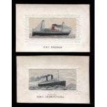 A group of 3 woven silk postcards, titled 'H.M.T. Transylvania', 'R.M.S. Virginian' and 'Hands