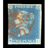 A Great Britain 1840 2d blue stamp, 4 margins fine used, red Maltese cross (QJ).Buyer’s Premium 29.