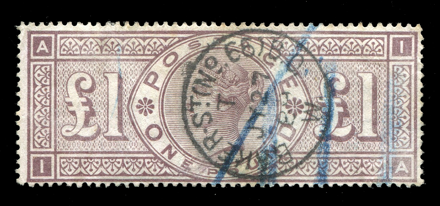 A Great Britain 1888 £1 brown lilac stamp, watermark orbs used London CDS and blue crayon markings. - Image 2 of 2