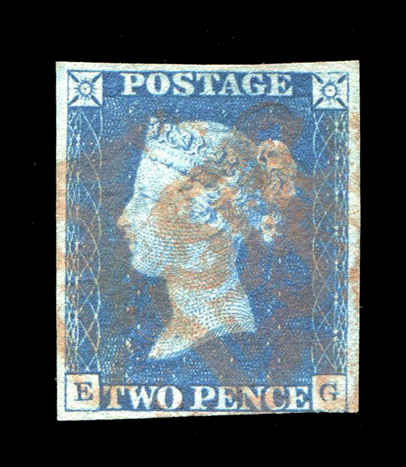 A Great Britain 1840 2d deep blue stamp, red Maltese cross, cut close bottom margin (EG).Buyer’s