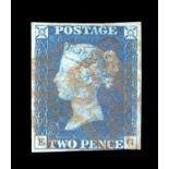 A Great Britain 1840 2d deep blue stamp, red Maltese cross, cut close bottom margin (EG).Buyer’s