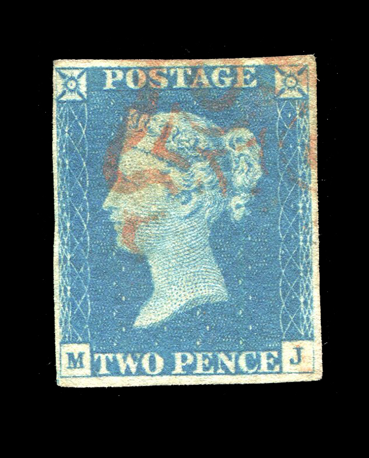 A Great Britain 1840 2d blue stamp, 4 margins, red Maltese cross (MJ).Buyer’s Premium 29.4% (