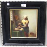 T.S., after Vermeer - The Milkmaid, 20th century oil on canvas, signed with initials, 25cm x 22cm,