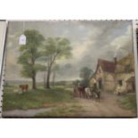 British School - Horse and Cart on a Country Lane near a Cottage, 19th century oil on canvas, 47.5cm