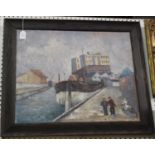 Continental School - Figures on a Quayside near a Barge and Industrial Buildings, mid-20th century