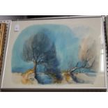 French School - Landscape with River and Trees, watercolour with ink and gouache, inscribed and