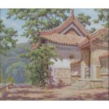 British School - Landscape with Chinese Building, 20th century oil on canvas, indistinctly signed