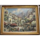 Barlen - Continental Market Scene with Figures in a Square, Mountains beyond, 20th century oil on