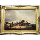 Circle of William Collins - Coastal Scene with Boats, Figures and Horses, 19th century oil on