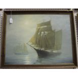 Roger Desoutter - Maritime Scene with Sailing Vessels on a Calm Sea, 20th century oil on board,