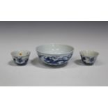 A Chinese blue and white hemispherical bowl, mark of Qianlong but later, painted inside and out with