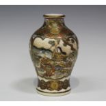 A Japanese Satsuma earthenware vase by Kozan, Meiji period, the baluster body painted and gilt