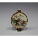 A Japanese Satsuma earthenware moon flask by Kozan, Meiji period, one side painted and gilt with