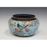 A Japanese cloisonné bowl, Meiji period, of compressed circular form, the body decorated with a