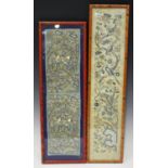 Two Chinese silk embroidered sleeve panels, late 19th/early 20th century, each worked in coloured