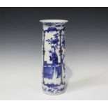 A Chinese blue and white porcelain cylinder vase, mark of Kangxi but late 19th century, painted with