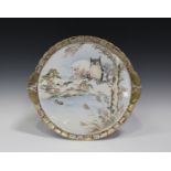 A Japanese Kutani porcelain circular tray, Meiji period, the centre painted with a scene of an owl