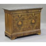 A 20th century French burr walnut commode chest with grey marble top, fitted with five long