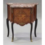 A 20th century French kingwood and marquetry inlaid serpentine fronted bedside chest, the rouge