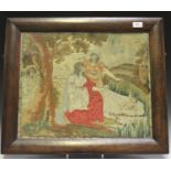 A Regency woolwork and watercolour panel depicting the scene of Moses in the Bulrushes, worked in