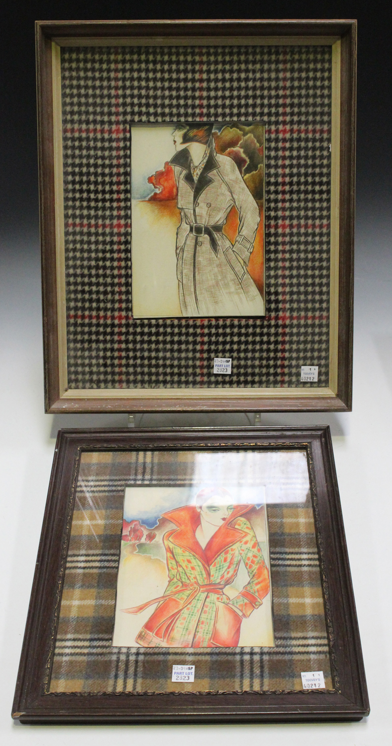 A group of five mid-20th century coloured pencil fashion drawings, each depicting a lady wearing a - Image 2 of 2