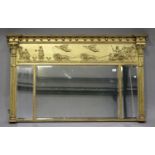 A 19th century giltwood and gesso triple section overmantel mirror, the ballshot mounted pediment