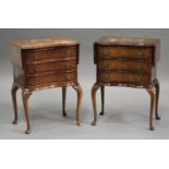 A pair of mid-20th century Queen Anne style burr walnut drop-flap bedside chests of three drawers,