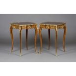 A pair of modern Louis XV style kingwood and marquetry inlaid occasional tables with ormolu