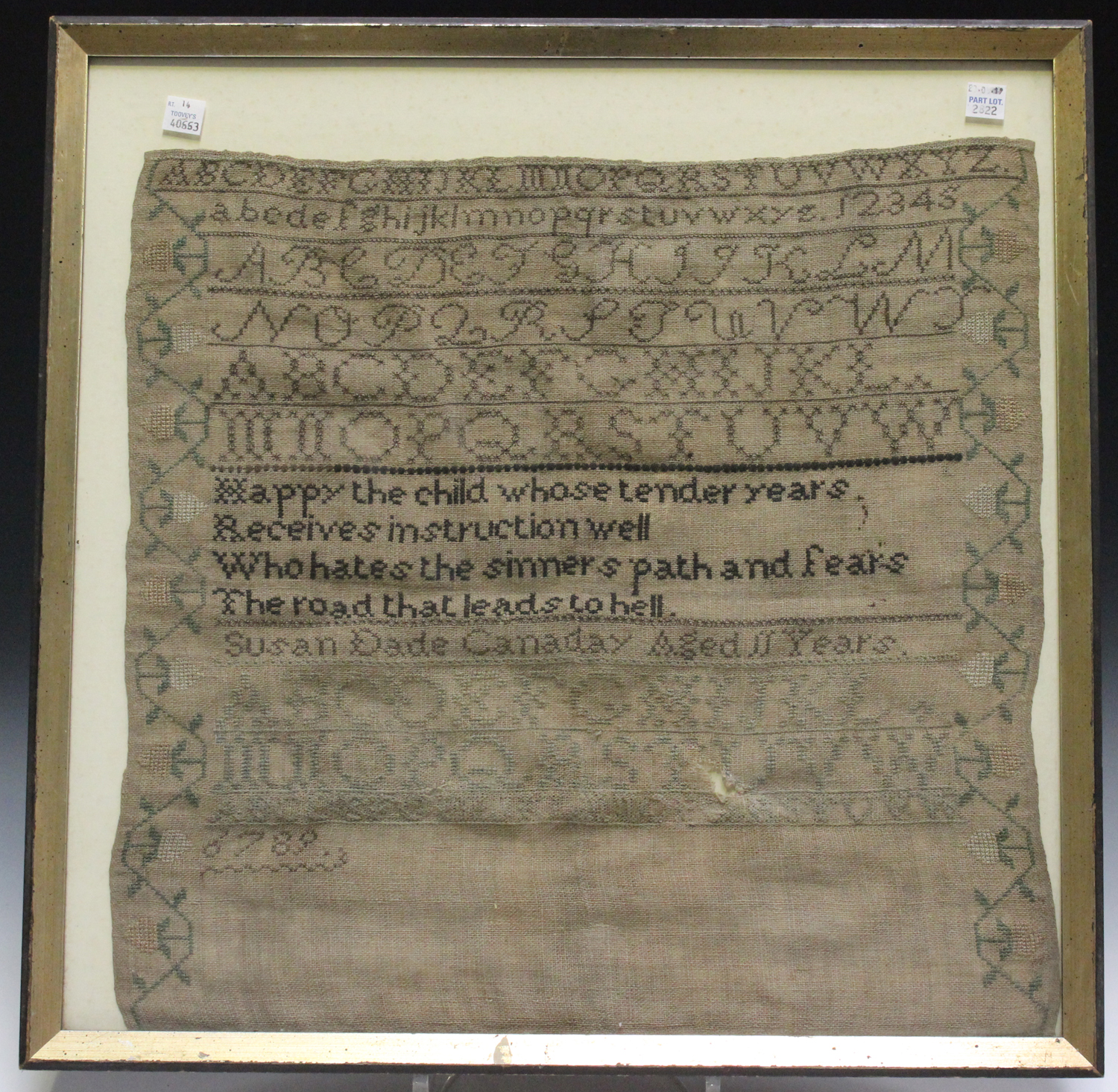 A Victorian needlework sampler by Susan Dade Canady, Aged 11 Years, 41cm x 42cm (faults), together - Image 5 of 5