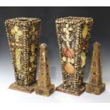 A pair of modern seashell encrusted vases of flared square section, height 55cm, together with a