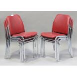 A set of six mid-20th century chromium plated and red leatherette chairs, height 80cm, width 42cm.