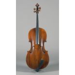 A cello with two-piece back and boxwood tuning pegs, length of back excluding button 75.5cm, cased