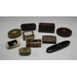 A selection of mainly 19th century small boxes, including a Victorian papier-mâché spectacles