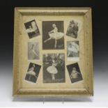 A framed group of photographs and postcards relating to the ballerina 'Mme Karina Karinowa', the two