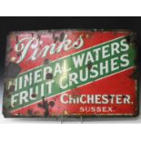 A Pinks' of Chichester 'Mineral Waters Fruit Crushes' enamelled advertising sign, 61cm x 92cm.