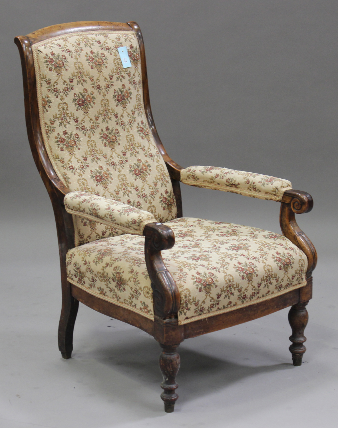 A pair of late 19th/early 20th Century beech and walnut open armchairs, upholstered in a machined - Image 2 of 2