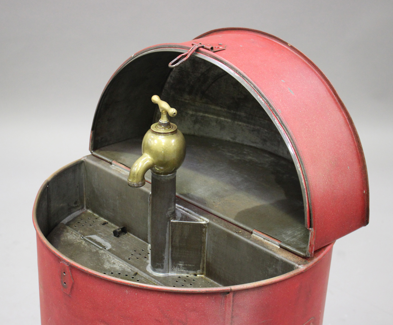 A '30 Gallons' red painted tin oil cabinet, the hinged lid enclosing a brass dispensing tap, - Image 4 of 4