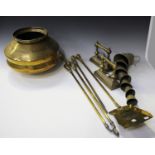 A collection of mainly 19th century brassware, including a Victorian three-piece fire tool set, a