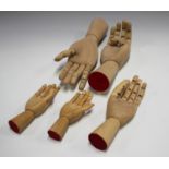 A group of five modern carved wooden artist's models of articulated hands, length of longest 29cm.