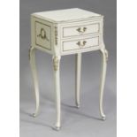 A mid-20th century Italianate cream painted bedside table, fitted with two drawers, on cabriole